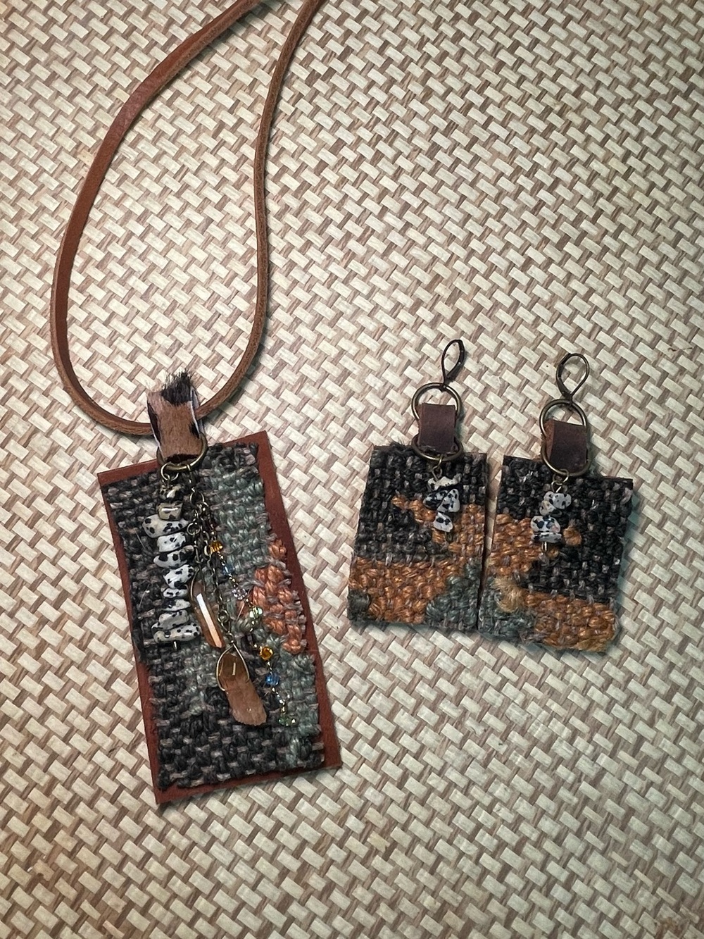 Handmade Kilim and leather necklace/earring set